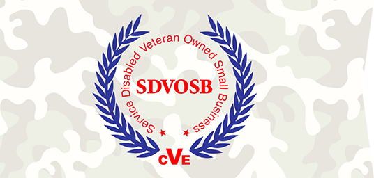 Service Disabled Veteran Owned Small Business (SDVOSB) logo, red text circled with blue laurels