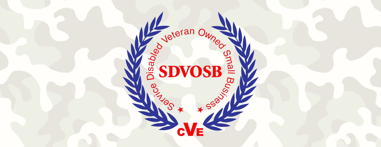 Service Disabled Veteran Owned Small Business (SDVOSB) logo, red text circled with blue laurels