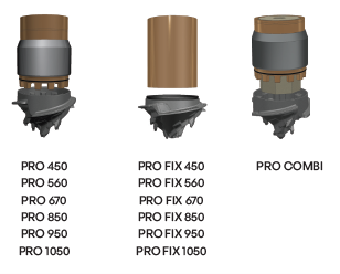 Examples of Foundation Technologies Inc. ProFound drill tips, including Pro, Pro FIX, and Pro COMBI models.